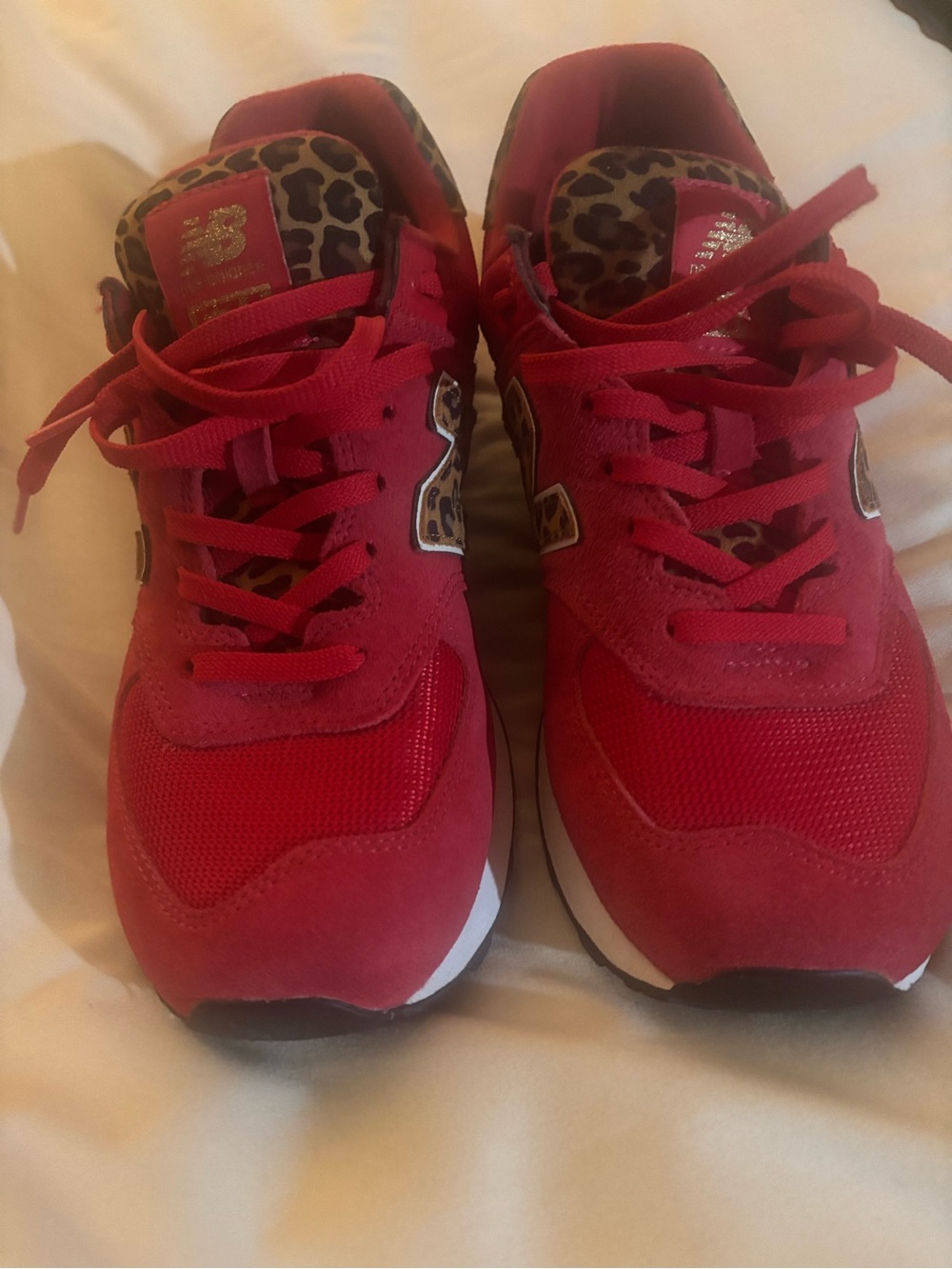 New Balance 574 Women’s Red Leopard Accent Sneakers - Picture 3 of 6